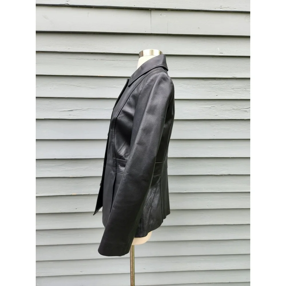 Vintage 90s y2k Leather Jacket Black Button Front Car Coat Burgundy Lining Small